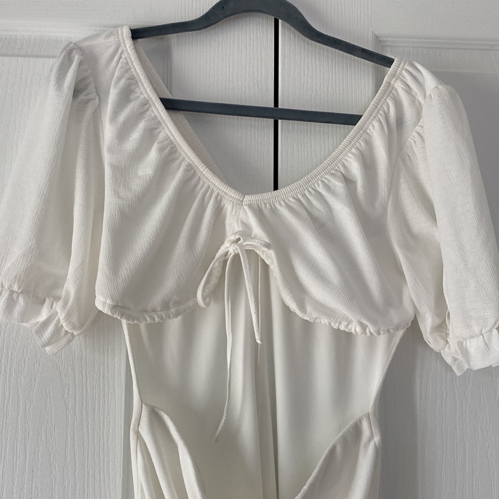 ASOS White Ruched Cutout Midi Dress Puff Sleeve Cottagecore NWT - Picture 4 of 10